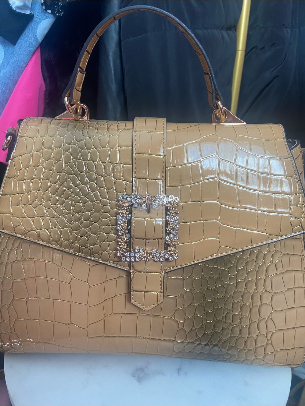 Top-Handle Croc-Embossed Satchel Bag in Camel with Crystal Buckle